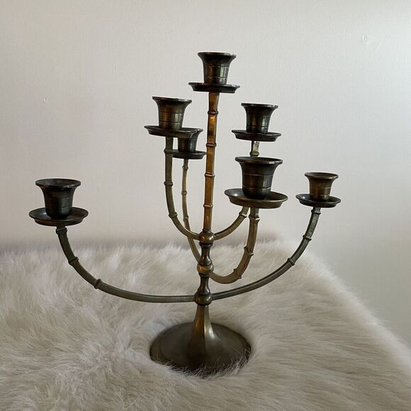 Vintage Golden Brass Candlebra 7 Rotating Arms 13” Antique Candle Holder - Picture 5 of 6